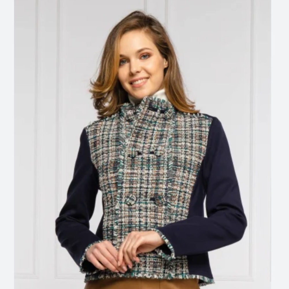Tory Burch Sammy Multicolor Tweed‎ Navy /White Doble Breasted Jacket Size S NWOT